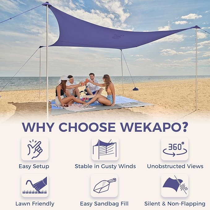 WEKAPO Beach Tent Sun Shelter - Easy Setup Beach Canopy with 4 Sturdy Poles, Large Sandbags and Shovel, 7'1'' Tall, Windproof Sun Shade for Backyard and Camping, UPF 50+ Protection