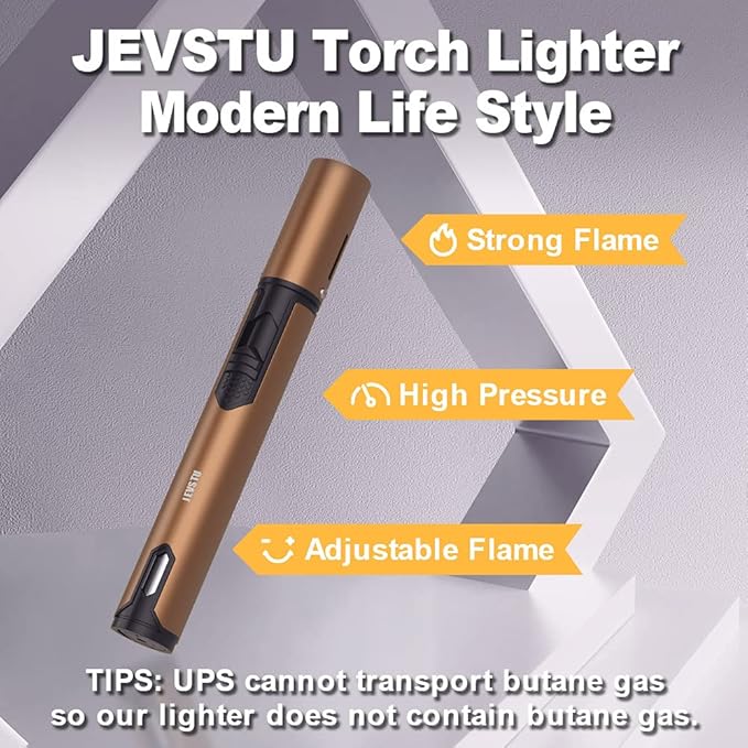 Butane Lighter, Torch Lighter with Fuel Level Window, Adjustable Fire Jet Lighter for Fireplace, Windproof Pen Lighter for Candle Kitchen BBQ, Brown, Lighter Fluid not Included