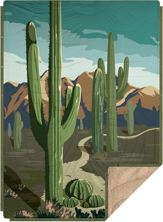 Outdoor Camping Blanket with Sherpa Lining, Extra Warm Thick Camp Blankets & Puffy Ultralight Soft Poncho DWR Camping Quilt for Cold Weather, Adventure,Sleeping,Backpacking 78"x 56"