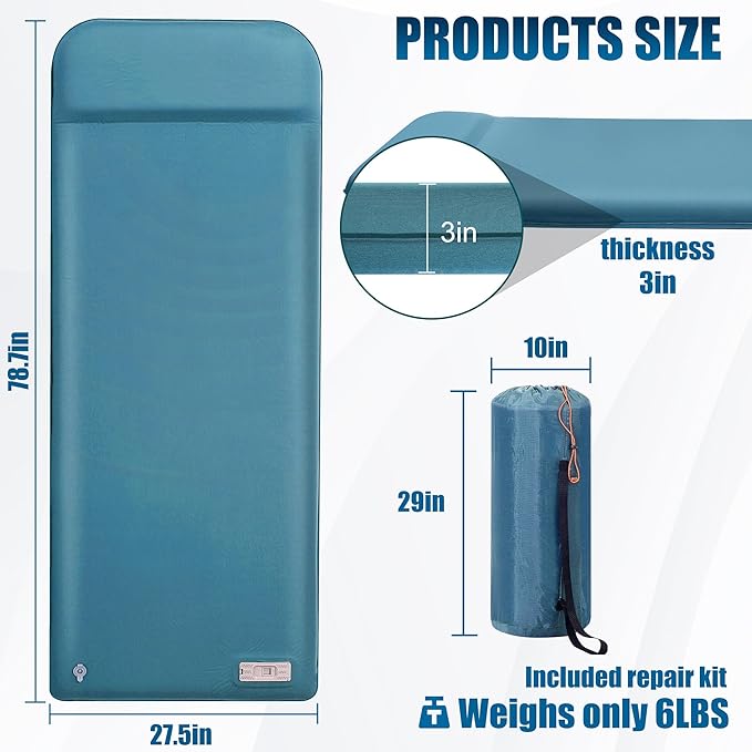 OUTSKIRT Sleeping Pad for Camping with Built-in Pump, Camping Mattress with Memory Foam, Easy to Inflate/Deflate Air Mattress for Camping and Other Outdoor Adventures, Blue