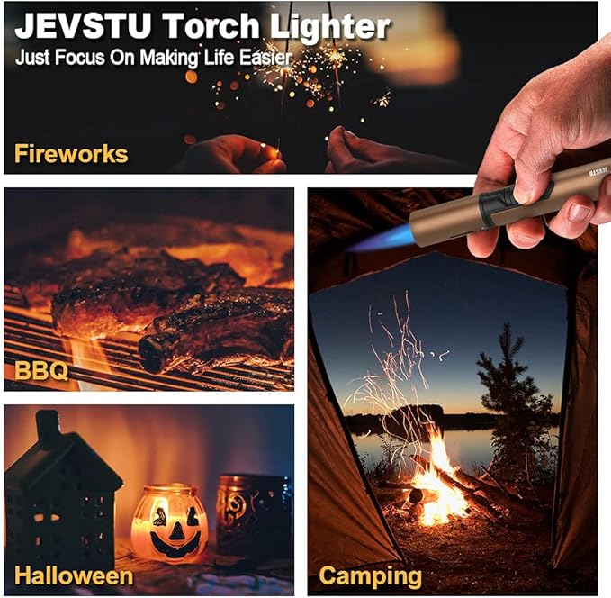 Butane Lighter, Torch Lighter with Fuel Level Window, Adjustable Fire Jet Lighter for Fireplace, Windproof Pen Lighter for Candle Kitchen BBQ, Brown, Lighter Fluid not Included