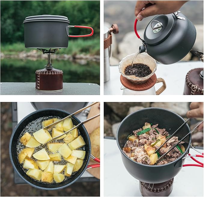 Alocs Camping Cookware Set,Durable Aluminum Camping Cooking Set, Compact Camping Pots and Pans Set with Kettle, Non-Stick Camping Pan Camping Essentials for Outdoor Cooking, Hiking, and Picnics.