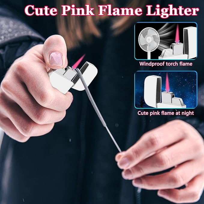 Pink Flame Torch Lighter, Cute White Lighter,Refillable Butane Lighter, Windproof torch Lighter for Outdoor Camping BBQ Candle,Nice Gift for Women Girls on Birthday,Anniversary (1 Pack,Without Butane)