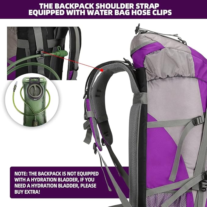 King'sGuard 70L Hiking Backpack Large Lightweight Waterproof Camping Backpack Travel Backpacking Backpack Daypack with Rain Cover -Frameless (Purple)