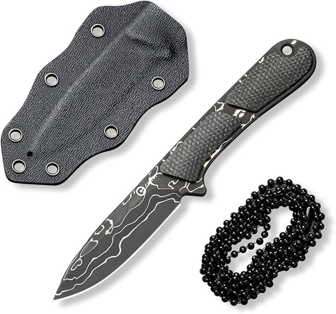 CIVIVI Mini Elementum Fixed Blade Knife with a Kydex Sheath and a Chain for EDC Neck Carry, Small Skeletonized Full Tang Knife with 2.24" Damascus Blade Micarta Handle C23010-DS1