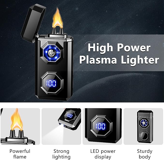 SKRFIRE Electric Lighter Rechargeable USB C Arc Plasma Lighter High Power Flame Cool Lighter Windproof Electronic Candle Lighter with LED Flashlight for Candle, Firework, Incense (Black)