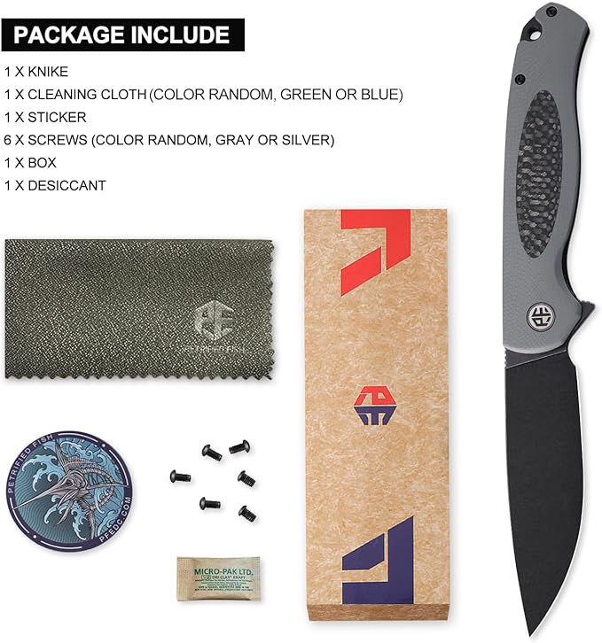 Petrified fish PFB03 Stamp Pocket Knife, 3.58" D2 Black Stonewashed Blade, 4.79 oz G10 Handle Flipper Liner lock Folding Knife (Gray & Black Stonewashed)