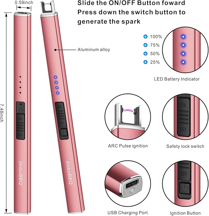 Electric Candle Lighter Camping Lighter USB Rechargeable Lighter Flameless Plasma Windproof Long Lighters for Candle Cooking BBQs Fireworks (Rose Gold)