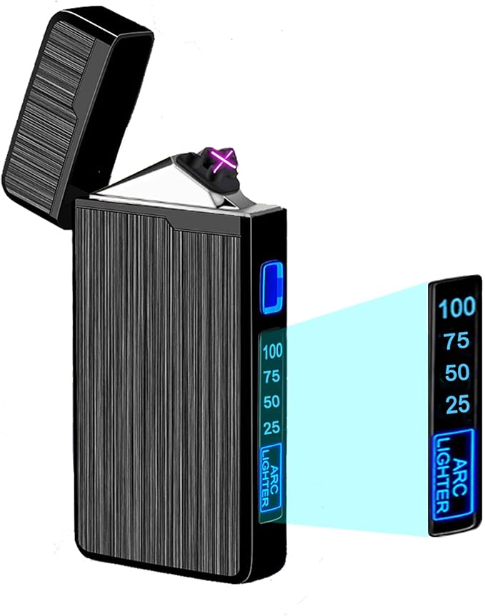 Electric Lighter, USB Rechargeable Lighter, Plasma Dual Arc Lighter, Windproof Flameless Lighter, Pocket Metal Lighter with LED Battery Indication for Candles, Incense, Camping (220mAh, Black)