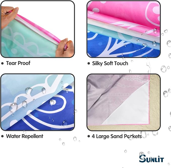 Sunlit 10'x9' Extra Large Boho Sand Proof Beach Blanket, Sand Proof Mat with Corner Pockets and Mesh Bag for Beach Party, Travel, Camping and Outdoor Music Festival, Blue and Pink Mandala