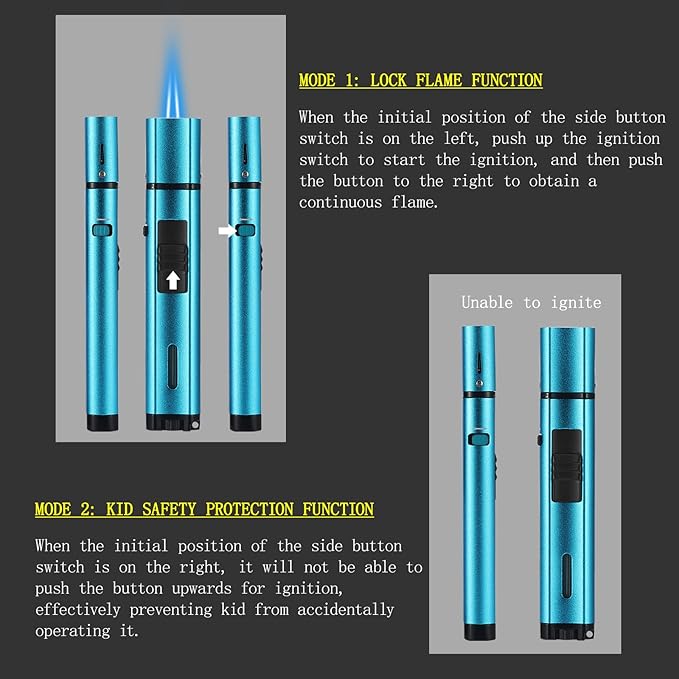 5.7in Butane Torch Lighter with Flame Locking & Safety Switch Function, Adjustable Double Jet Flame Long Stick Lighter, Refillable Windproof Pen Lighter. Blue(Sold Without Gas)