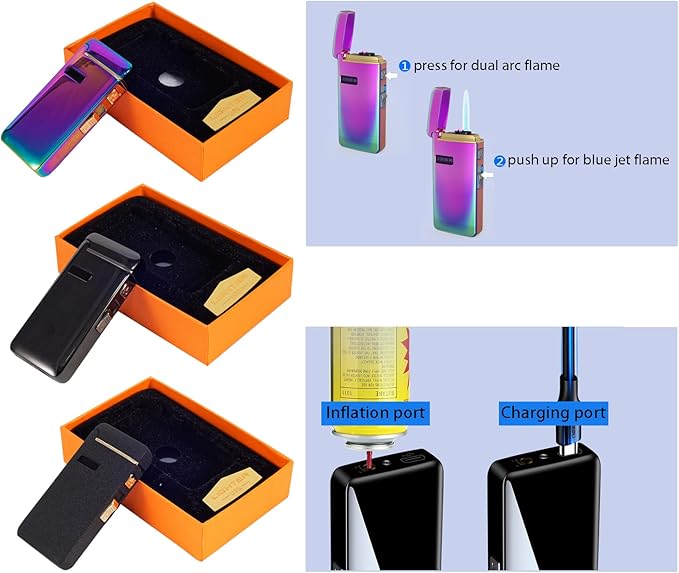 Electric Lighters 3 in 1 Rechargeable Windproof Butane Refillable,Dual Arc and Blue Jet Flame, USB Charge Type-C Cable in Gift Box, Gas Fuel Not Included