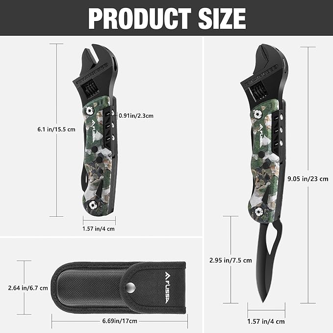 FLISSA 13-in-1 Multi Tool Wrench, Stainless Steel Camo Multitool Adjustable Wrench with LED Light, EDC Pocket Knife with Sheath, Multipurpose Multi Use Tool Wrench