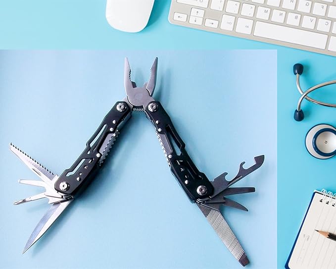 Multitool with Pocket Knife Safety Lock, 14-in-1 Multi-tool Pliers with Nylon Sheath for Men Camping Hiking Fishing Outdoor Survival (Black)