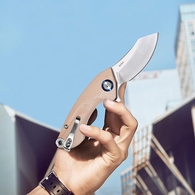Harnds Ballet Folding Knife with Sandvik 14C28N Blade Camping Pocket Knife with Deep Carry Pocket Clip G10 Handle Flipper Open Liner Lock EDC (champagne)