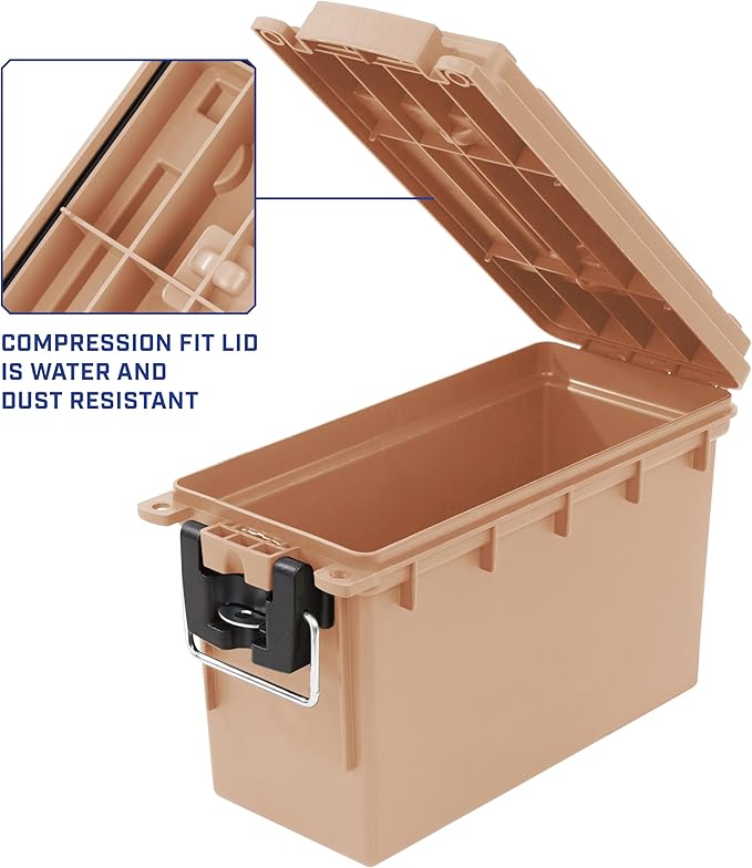 Sheffield 12627 Ammo Storage Box, Stackable .30 Cal Field Boxes, Water and Dust Resistant, Lockable Storage Box with Handle, Secures Hunting Gear, Supplies, and Bullets, Made in USA, Tan, 1-Pack