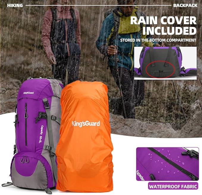 King'sGuard 70L Hiking Backpack Large Lightweight Waterproof Camping Backpack Travel Backpacking Backpack Daypack with Rain Cover -Frameless (Purple)