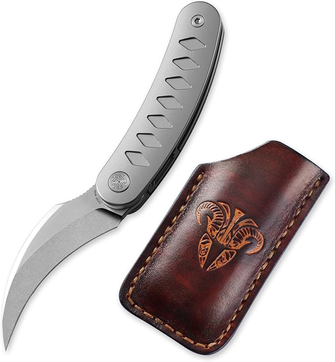 Knife Kage Front Flipper Knife,M390 Stonewashed & Mirrored Pikal Knife,Titanium Handle Pocket Knife Outdoor Folding Knife with Leather Sheath(Silver & Leather Sheath)