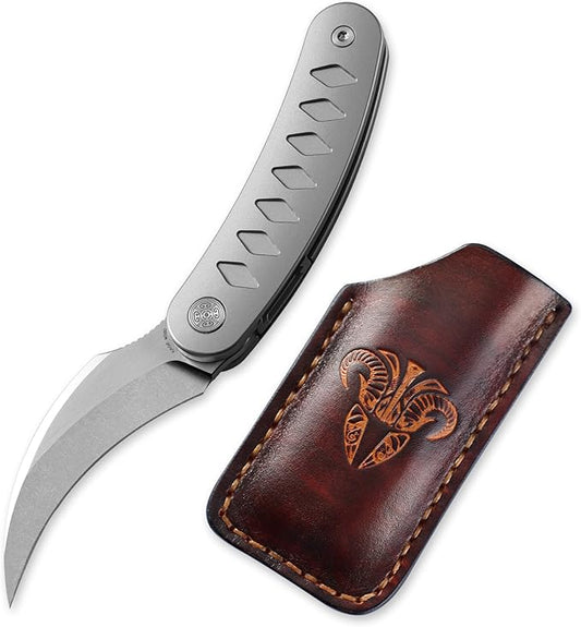 Knife Kage Front Flipper Knife,M390 Stonewashed & Mirrored Pikal Knife,Titanium Handle Pocket Knife Outdoor Folding Knife with Leather Sheath(Silver & Leather Sheath)