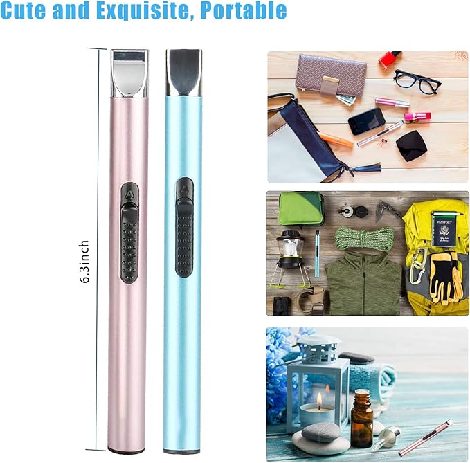 Candle Lighter, Electric USB Rechargeable Lighter Arc Long Lighter Flameless Lighter with Safe Button for Candle BBQ Grill Fireworks Cooking(Blue & Rose Gold 2Pcs)