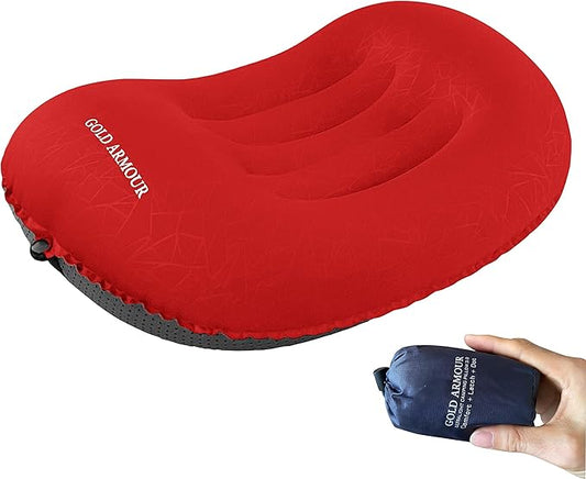 Gold Armour Inflatable Camping Pillow Backpacking Pillow Lightweight Travel Air Pillow Ultralight Ergonomic Pillow Portable for Airplanes with Neck & Lumbar Support (Red)