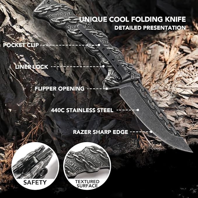 Stainless Steel Pocket Folding Knife with A Sculpted Chain Handle - Safety Liner Lock, Pocket Belt Clip Knife - Portable Tactical Utility Knives for Men Great for EDC, Camping, Fishing & More