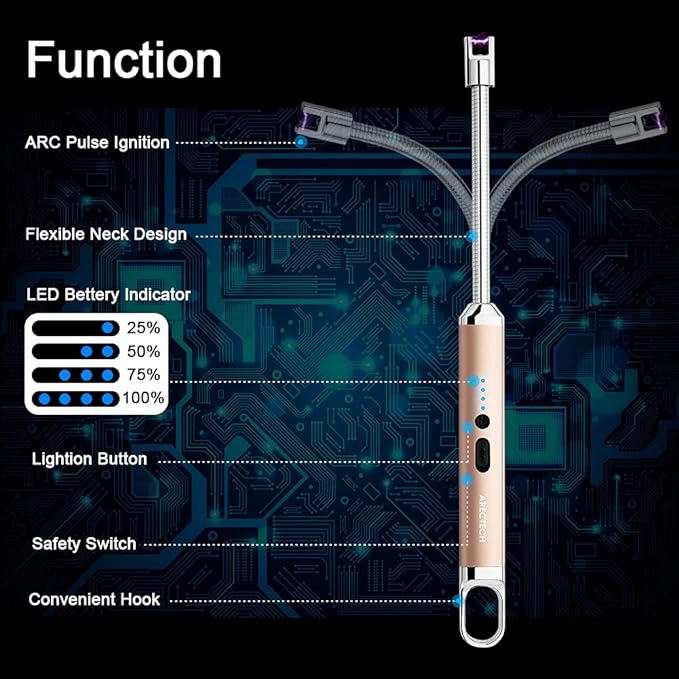 ARECTECH Lighter Electric Lighter Arc Candle Lighter Flameless Rechargeable Lighter USB Long Lighters for Candle Cooking BBQs Fireworks Gold
