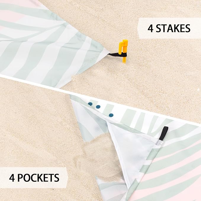Waterproof Beach Blanket, 78''×86'' Large Sandproof Beach Travel Mat 1-4 Adults, Polyester Lightweight Foldable Outdoor Picnic Blanket with 4 Stakes & 4 Corner Pockets for Grass, Park, Patio