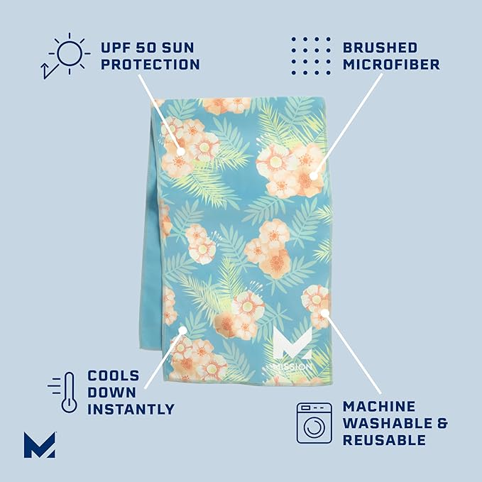 MISSION Original Cooling Towel, Junglebird Bluebell - Soft, Durable Microfiber - Cools Up to 2 Hours - UPF 50 Sun Protection - Machine Washable