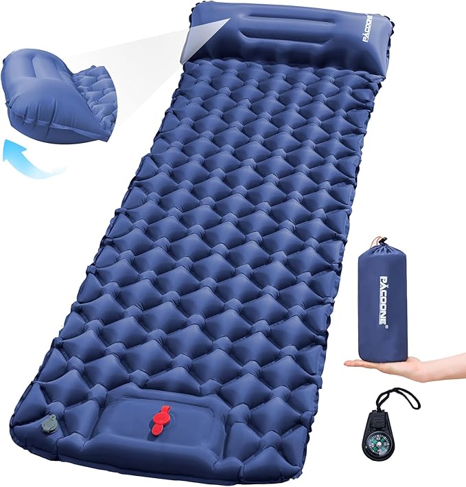 Camping Sleeping Pad, Ultra Light Camping Pad with Pillow Built-in Foot Pump Inflatable Sleeping Pad Compact and Lightweight Air Mat (Blue)