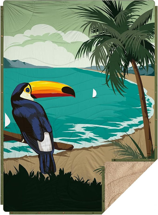 Outdoor Camping Blanket with Sherpa Lining, Extra Warm Thick Camp Blankets & Puffy Ultralight Soft Poncho DWR Camping Quilt for Cold Weather, Adventure,Sleeping,Backpacking 78"x 56"