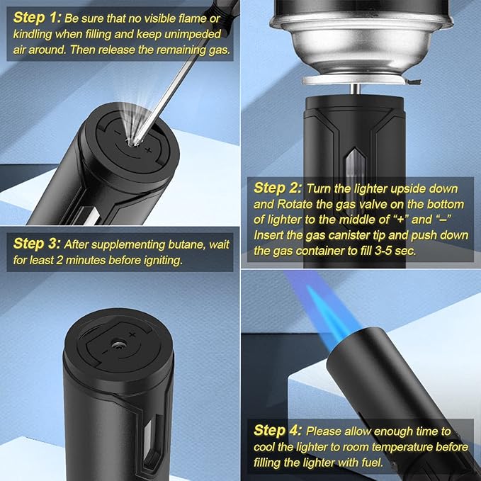 Torch Lighter, Butane Lighter 6.0in Long with Fuel Level Window, Windproof Pen Lighter Adjustable Jet Flame for Grill Candle Kitchen Fireplace Camping BBQ, Men Gifts, Silver. (Gas not Included)
