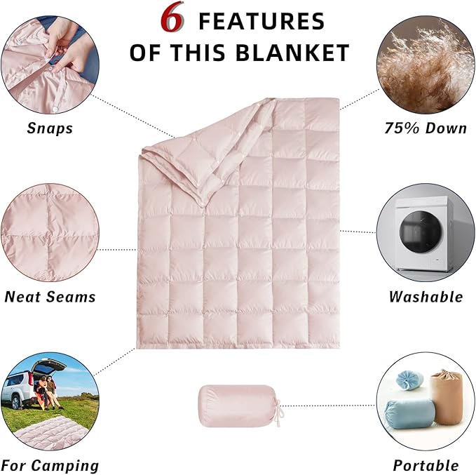 Down Camping Blanket,Puffy Down Blanket Packable Lightweight Down Throw Quilt Water-Resistant Outdoor Travel Blanket for Camping,Hiking,Stadium,Picnic,Car 50x77''Cherry Pink