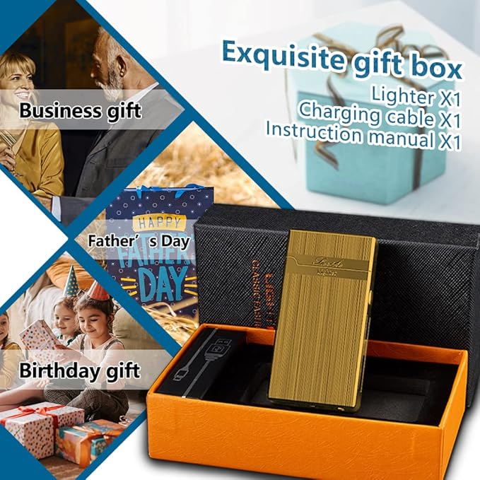 Electric Lighter USB Rechargeable Lighter, Windproof Plasma Dual Arc Lighter, Flameless Cool Lighters with LED Battery Indication for Candles, Incense Stick, Outdoor Camping (Gold)