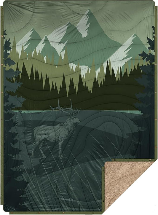 Outdoor Camping Blanket with Sherpa Lining, Extra Warm Thick Camp Blankets & Puffy Ultralight Soft Poncho DWR Camping Quilt for Cold Weather, Adventure,Sleeping,Backpacking 78"x 56"