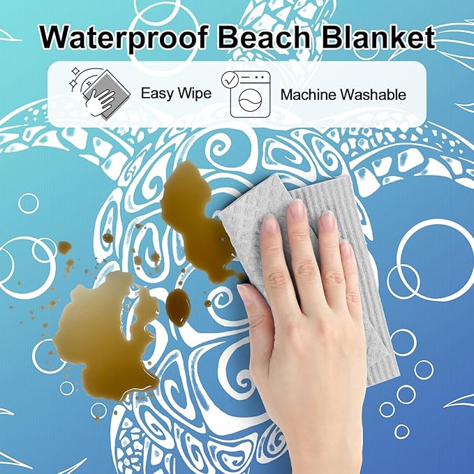 Beach Blanket, Large Waterproof Sandproof Beach Mat 78''×86'' 4 Adults, Lightweight Portable Sand Free Outdoor Beach Accessories with 4 Stakes for Picnic, Travel, Camping - Blue Gradient Sea Turtle
