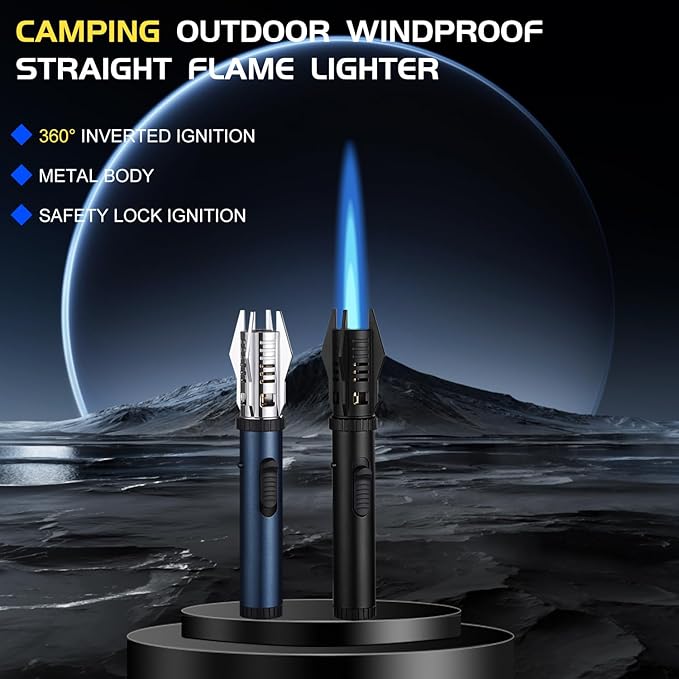 Torch Lighter, Camping Outdoor Windproof Straight Flame Lighter, Refillable Butane Lighter with Safety Lock and Adjustable Flame Size, for Outdoor BBQ Camping Kitchen Cooking (Black)