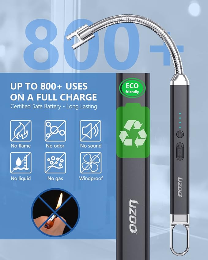 long lighter, Candle Lighters Electric Lighter, Rechargeable Arc Lighter with LED Display, 360° Flexible Neck Flameless Grill Lighters for Candle Aromatherapy Camping BBQ Gas Stoves-Deep Black