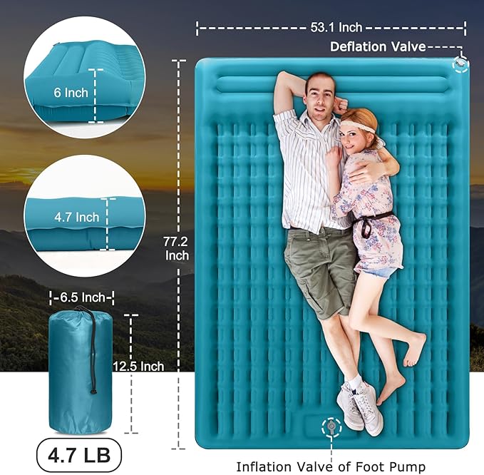 Double Sleeping Pad for Camping, Extra Thick 4.7 Inch Inflatable Camping Mattress 2 Person, Self Inflating Sleeping Mat for Backpacking Travel, Portable Camping Mat with Foot Pump and Pillow