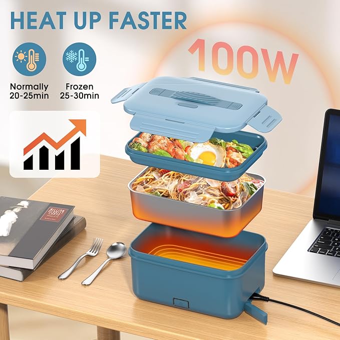 Electric Lunch Box Food Heater, 100W High Power Portable Food Warmer, Heated Lunch Box for Adults Car/Home with 1.8L Removable Stainless Steel Container, 12V/24V/110V/220V