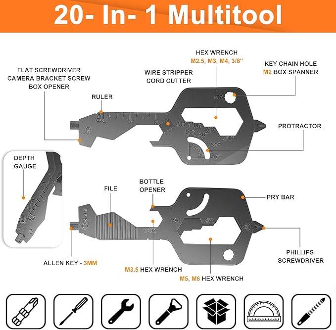 Men Keychain Multitool 2 Pack, 20 In 1 Key Shaped Pocket EDC Gadgets, Multi Tool with Drill Drive Screwdriver and Bottle Opener Keychain, Perfect Gifts for Men, Women, Dad and Outdoor, Black