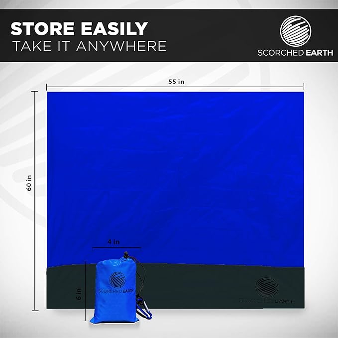 Pocket Blanket for Beach, Travel, Outdoor, Camping, Hiking, Picnic, Festival, Sports - Water Resistant, Compact, Durable Tarp, Corner Pockets, Bag, Built in Stakes (Royal Blue, 60x55)