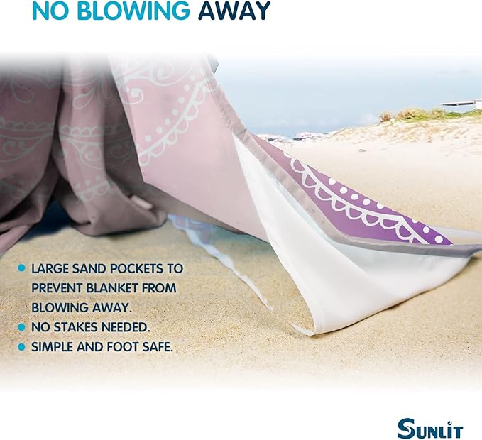 Sunlit 10'x9' Extra Large Boho Sand Proof Beach Blanket, Sand Proof Mat with Corner Pockets and Mesh Bag for Beach Party, Travel, Camping and Outdoor Music Festival, Purple and Red Mandala