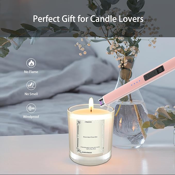 Electric Candle Lighter Plasma Arc Lighters USB Long Stick Lighters Windproof Flameless with Rechargeable Battery Safety Lock for Candle Camping BBQs Fireworks (Rose Gold)