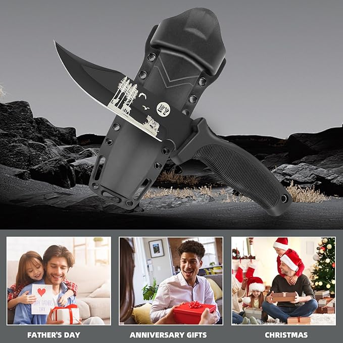 Fixed Blade Hunting Knife, Black High Hardness Plastic Handle with Sheath,Suitable for Hiking, Adventure, Survival and Collection (Black-forest)