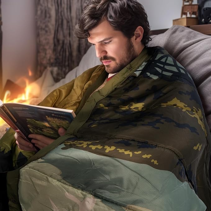 Outdoor Camping Blanket with Sherpa Lining, Extra Warm Thick Camp Blankets & Puffy Ultralight Soft Poncho DWR Camping Quilt for Cold Weather, Adventure,Sleeping,Backpacking 78"x 56"