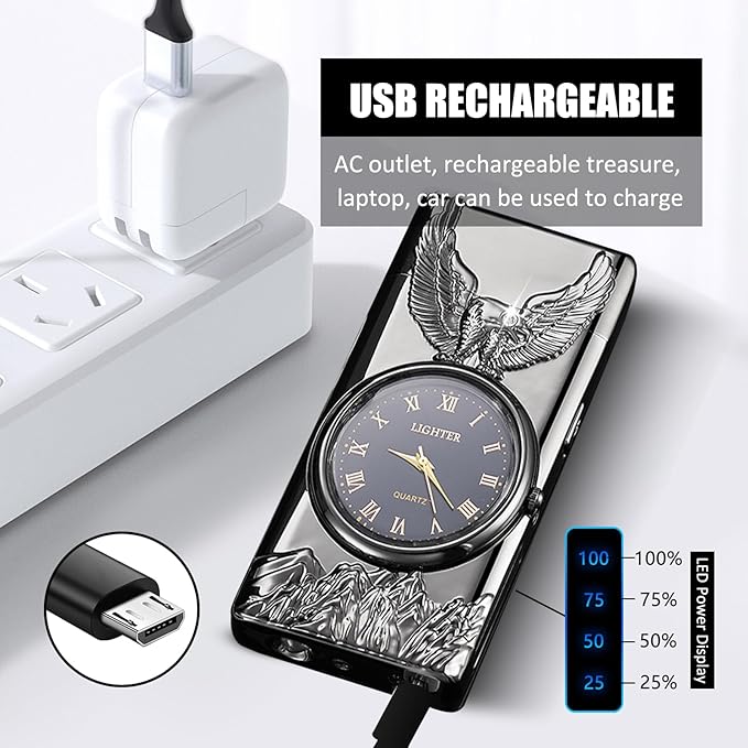 Cool Lighter with Clock Dial Electric Lighter with LED Power Display Plasma Lighter Windproof USB Rechargeable Lighter Gifts for Men Women (Eagle-Black)
