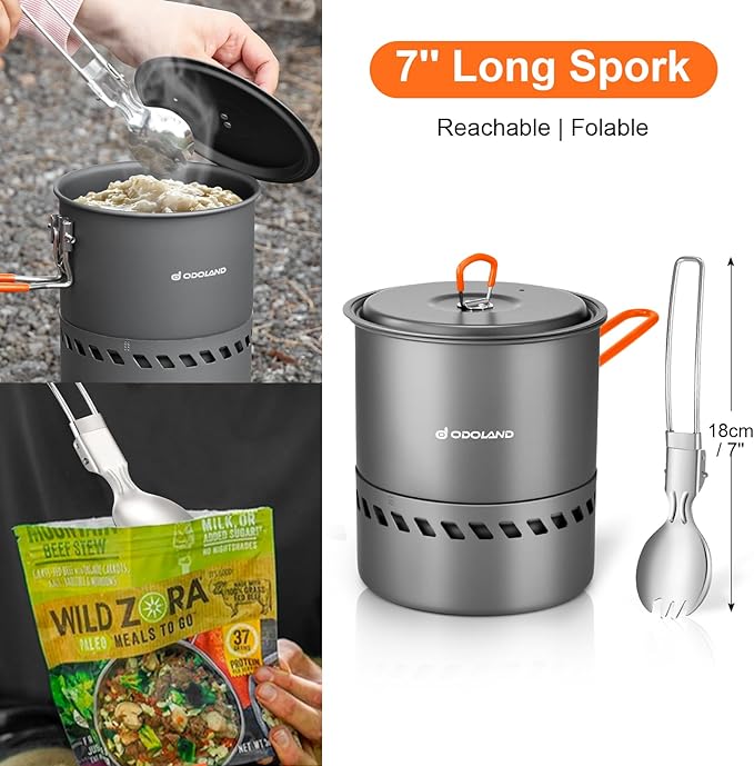 Odoland Portable Pot with Backpacking Stove 5-in-1 Energy Saving Camping Cookware Mess Kit for Hiking, Trekking, Fishing and Picnic