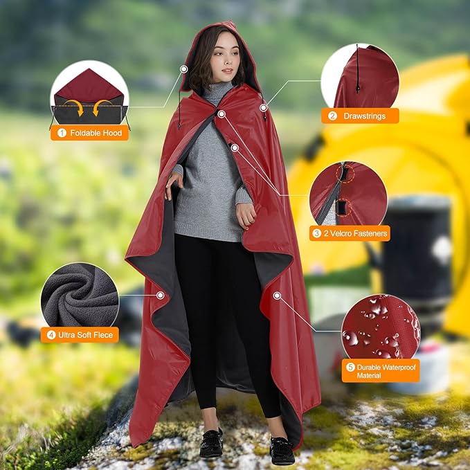 DOBYE Hooded Stadium Blanket, Large Waterproof Outdoor Fleece Blanket, Windproof Wearable Portable Warm Mat for Camping