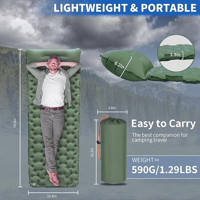 DDD Ultra-Light Inflatable Camping Sleeping Pad with its Built-in Foot Pump and Pillow - The Ultimate Camping pad, Hiking pad, Backpacking Pad and Lightweight for a Outdoor Sleep——Celadon